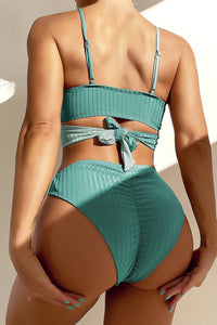 Teal Rib Criss-Cross Colorblock Spliced Bikini Top