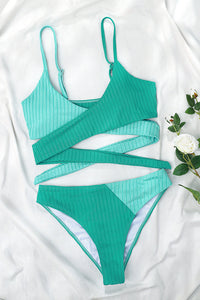 Teal Rib Criss-Cross Colorblock Spliced Bikini Top
