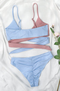 Skyblue Rib Criss-Cross Colorblock Spliced Bikini Top
