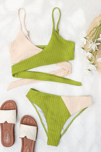 Lightgreen Rib Colorblock High-Waist Bikini Bottoms