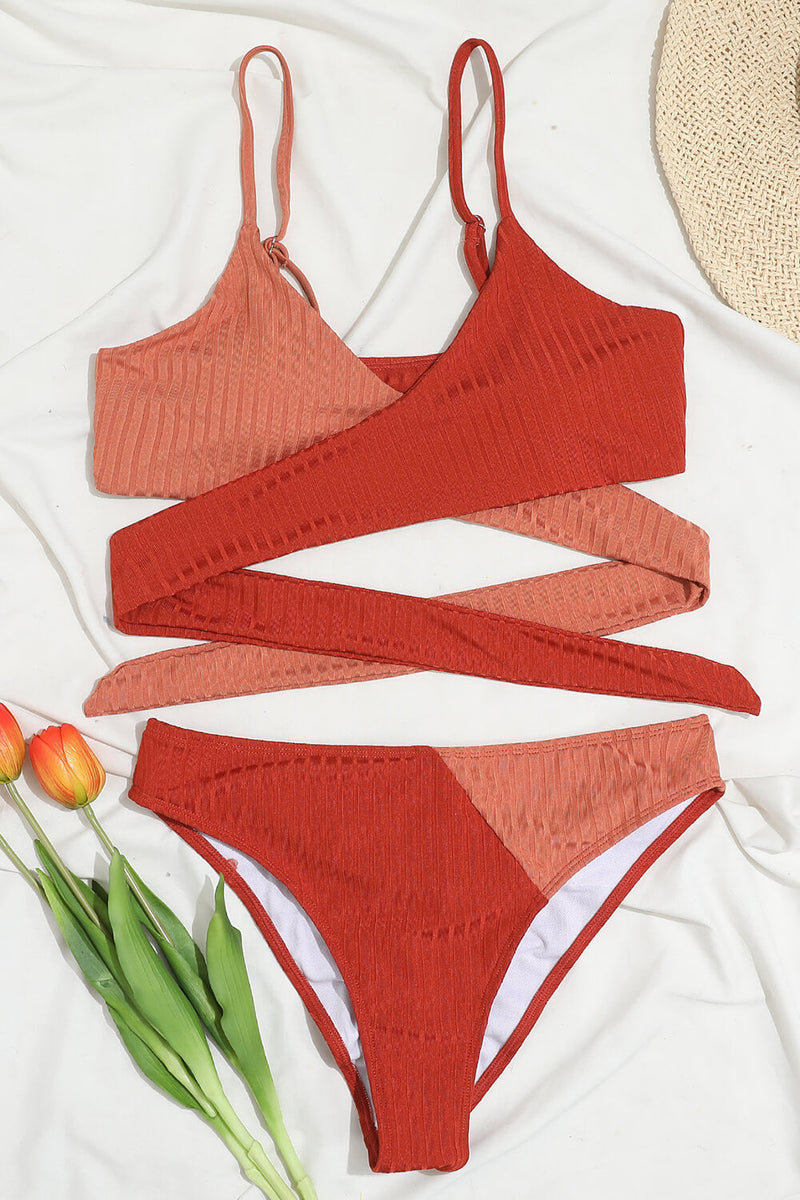 Red Rib Criss-Cross Colorblock Spliced Bikini Top