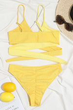 Yellow Rib Criss-Cross Colorblock Spliced Bikini Top