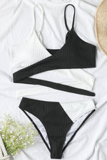 Black Rib Criss-Cross Colorblock Spliced Bikini Top