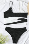 Black Rib Criss-Cross Colorblock Spliced Bikini Top