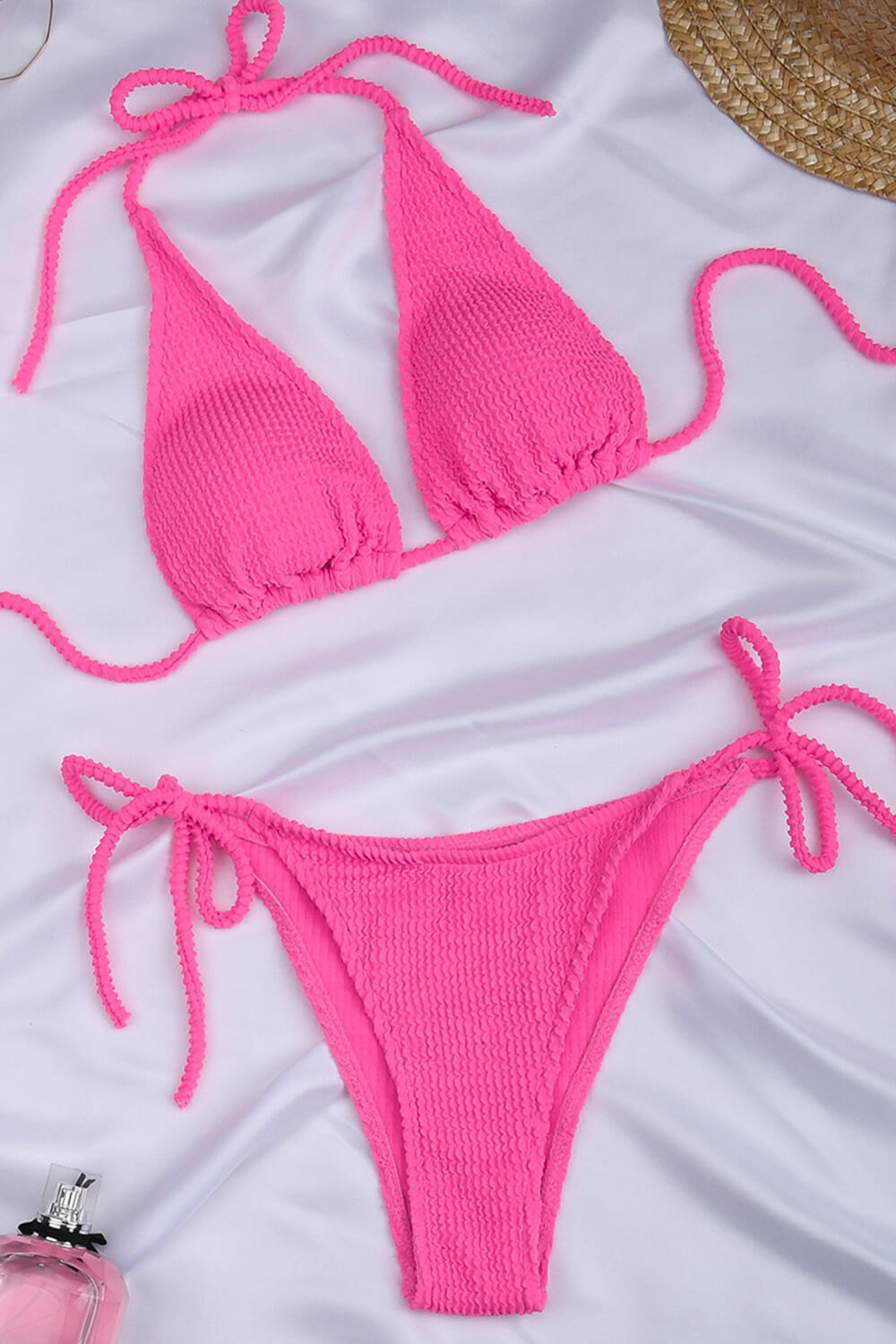 Neon Pink Crinkle Tie Side Bikini Bottoms