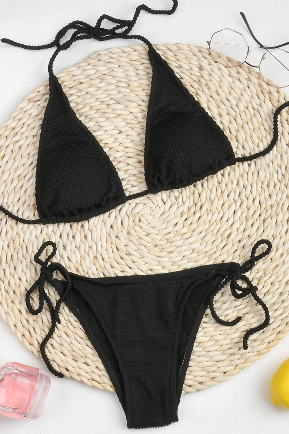Black Crinkle Halter Bikini Top