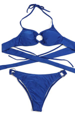 Blue Bralette Tie Shoulder Bikini Top With Ring Detail