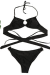 Black Bralette Tie Shoulder Bikini Top With Ring Detail