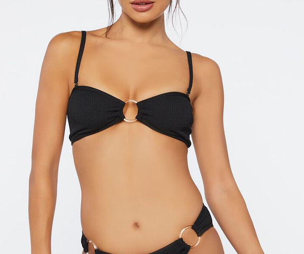 Black Bralette Tie Shoulder Bikini Top With Ring Detail