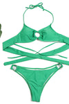 Green Bralette Tie Shoulder Bikini Top With Ring Detail