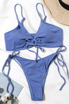 Blue Ribbed Adjustable Tie Front Bralette Bikini Top