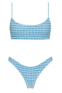 Blue Check Textured Scoop Crop Bikini Top