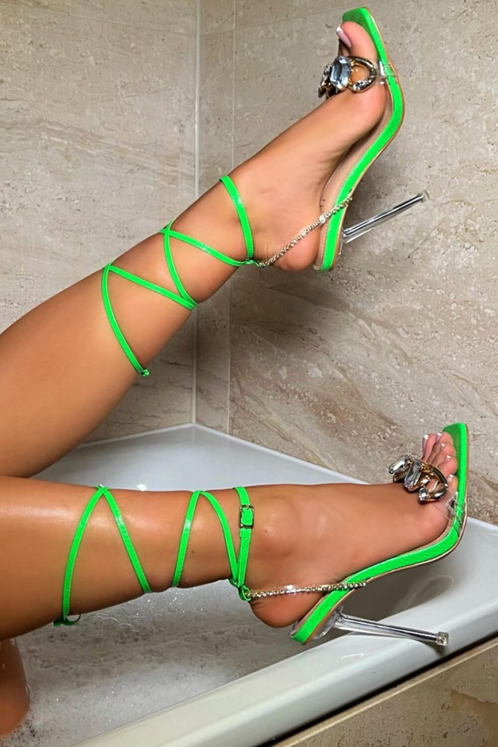 Lime Green Faux Snake Print Diamante Gem High Heels