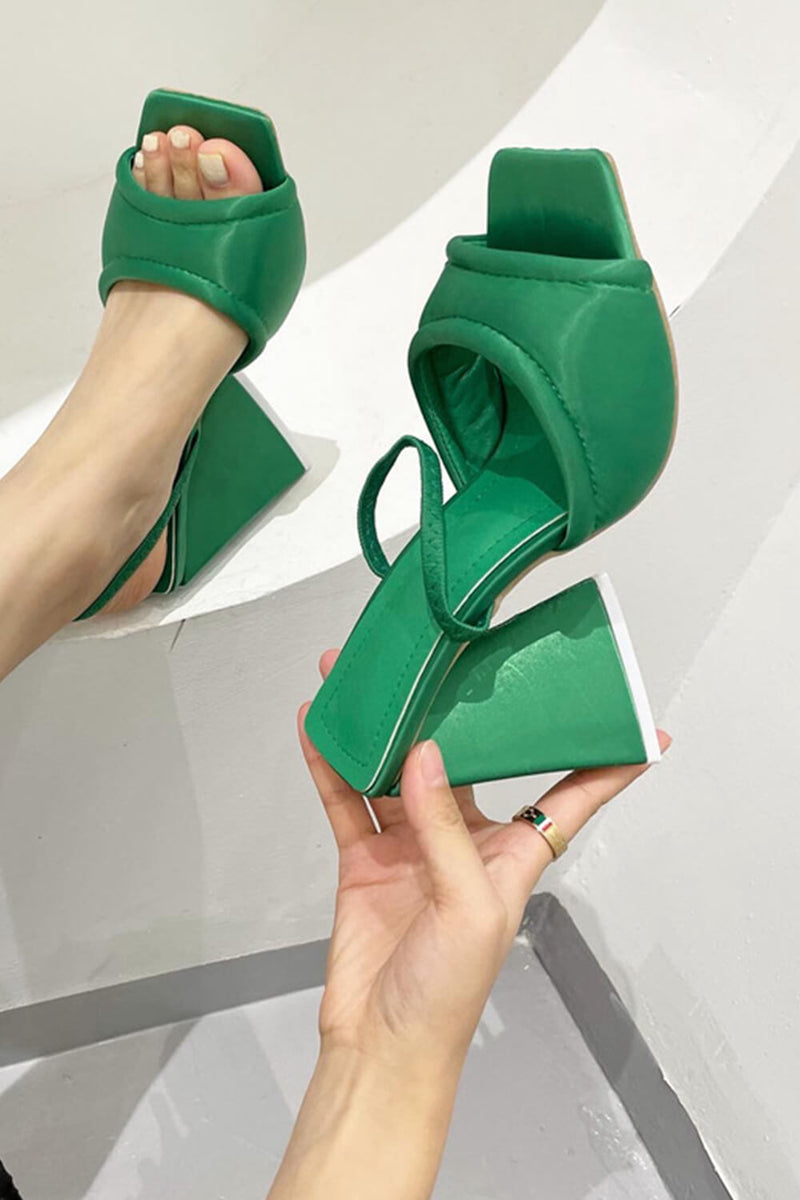 Green Satin Padded Square Peep Toe Sculptured Flared Block Heel Mule