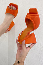 Orange Satin Padded Square Peep Toe Sculptured Flared Block Heel Mule