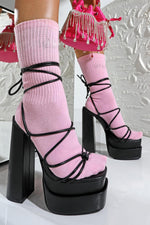 Black Pu Lace Up Platform High Heels