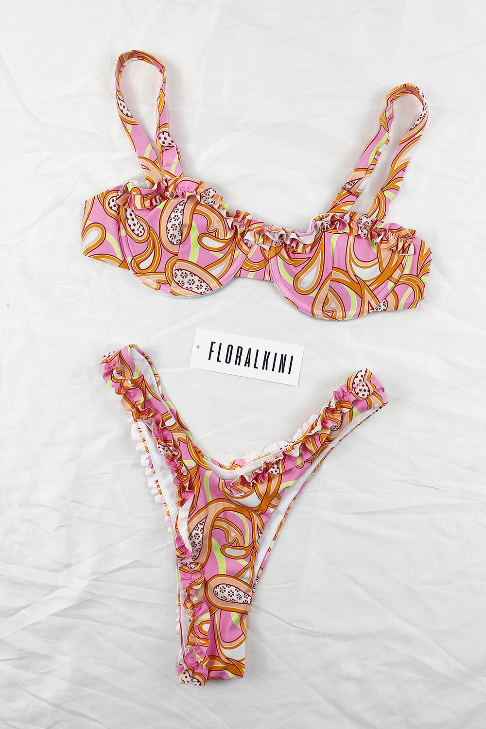 Pink Floral Ruffled Balconette Underwired Bikini Top