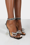 Black Patent Diamante Bow Detail Square Toe Clear Perspex Heel