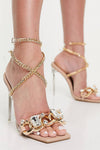 Beige Faux Leather Square Toe Perspex Heel With Gem And Chain Trim
