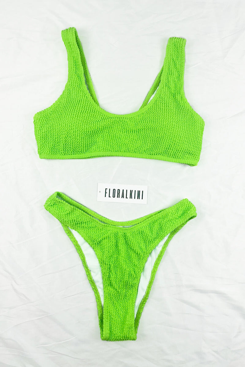 Neon Green Crinkle Scoop Bikini Top