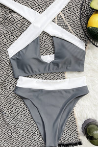 Grey Crossing Color Blocked Bikini Top