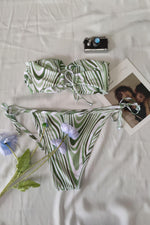 Green Zebra Bandeau Bikini Top With Tortoise Shell O-Ring Detail