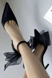 Black Asymmetric Mesh Bow Ankle Strap High Heel Sandal