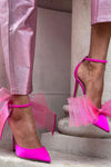 Hot Pink Asymmetric Mesh Bow Ankle Strap High Heel Sandal