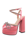 Hot Pink Satin Square Closed Toe Bow Diamante Double Platform Block Heels