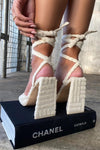 Ecru Towelling Lace Up Pyramid Block Heels