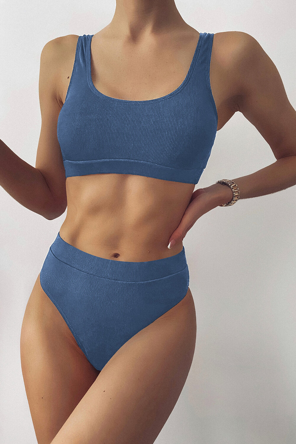 Blue Ribbed Long Crop Bikini Top