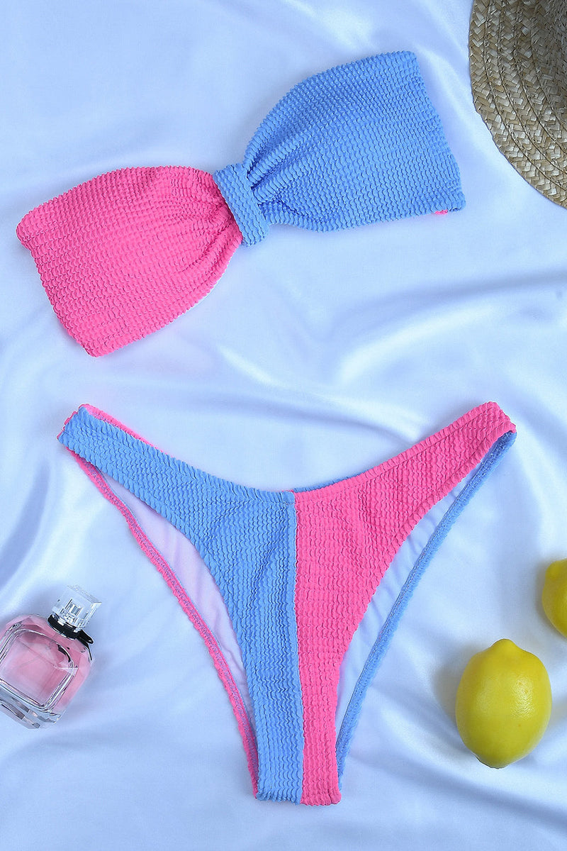Baby Blue-Hot Pink Colorblock Crinkle Bandeau Bow Bikini Top
