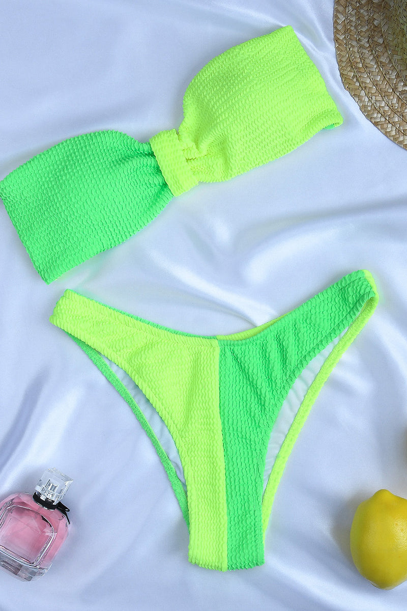 Neon Yellow-Green Colorblock Crinkle Bikini Bottoms