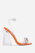 Orange Patent Diamante Bow Square Toe Clear Perspex Sculptured Flared Block Heel