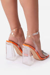 Orange Patent Diamante Bow Square Toe Clear Perspex Sculptured Flared Block Heel