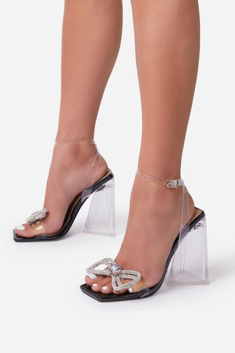 Black Patent Diamante Bow Square Toe Clear Perspex Sculptured Flared Block Heel