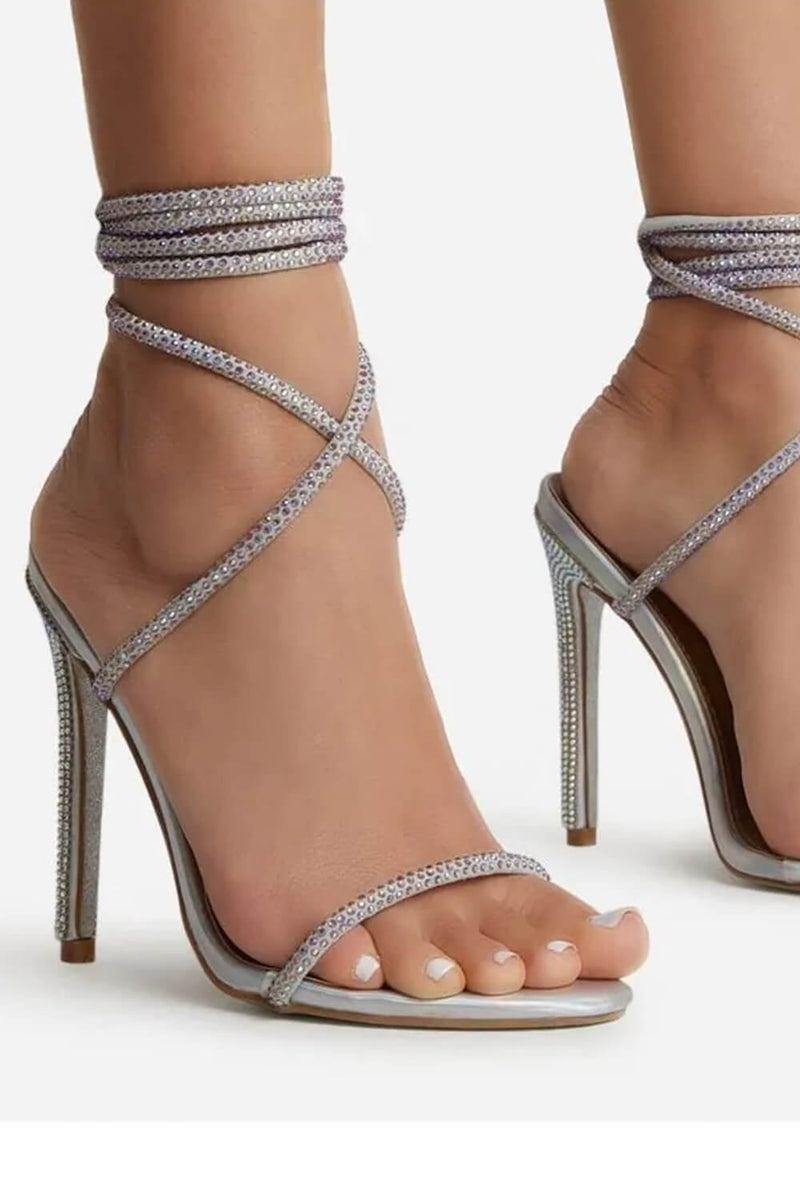 Silver Holographic Faux Leather Glitter Sole Diamante Detail Lace Up Heel