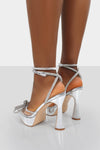 Silver Diamante Bow Perspex Pointed Toe Platform Flared Block Heel