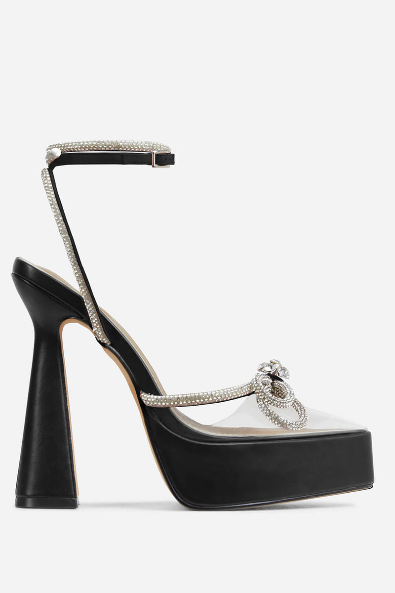 Black Diamante Bow Perspex Pointed Toe Platform Flared Block Heel