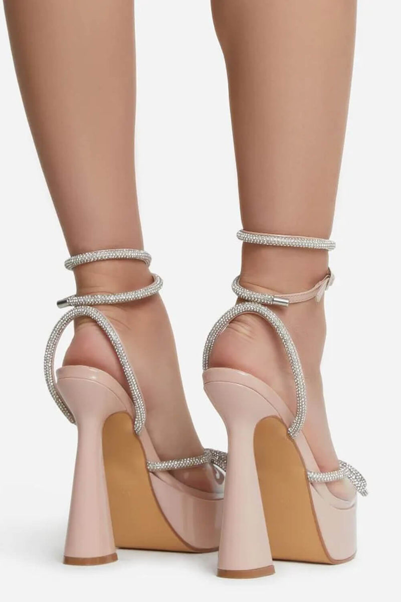Nude Diamante Bow Perspex Pointed Toe Platform Flared Block Heel