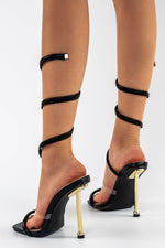 Black Faux Snake Print Spiral Stiletto Heels