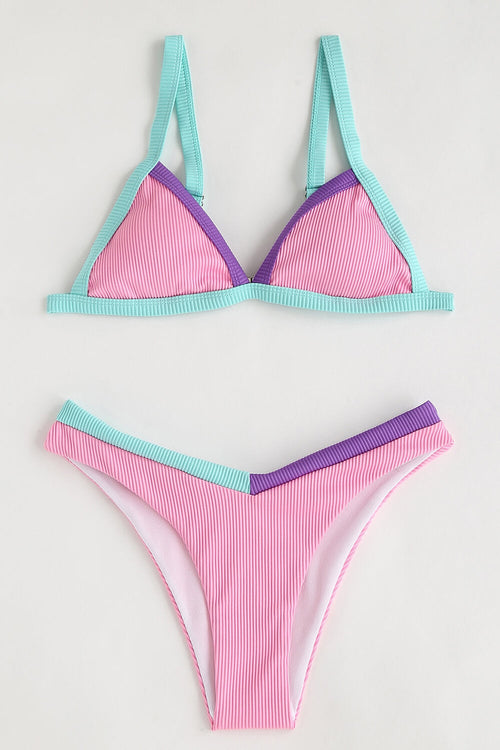 Pink Ribbed Colorblock Triangle Bikini Top