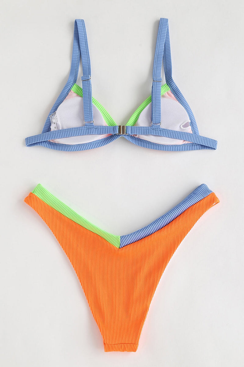 Orange Ribbed Colorblock Triangle Bikini Top