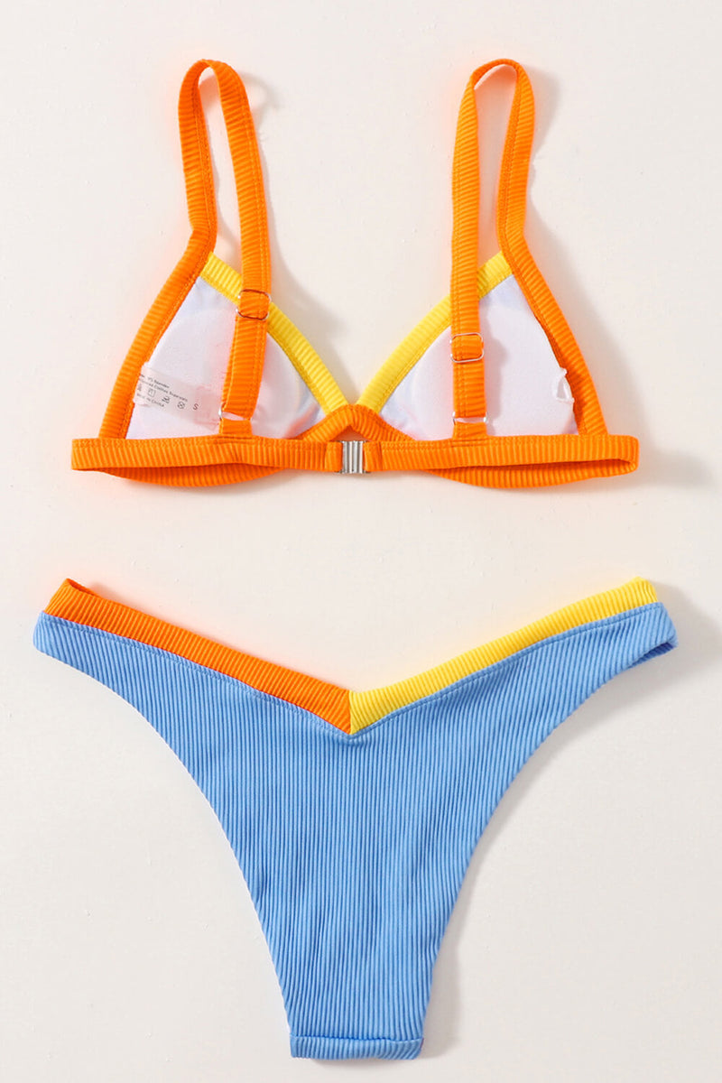 Blue Ribbed Colorblock Triangle Bikini Top