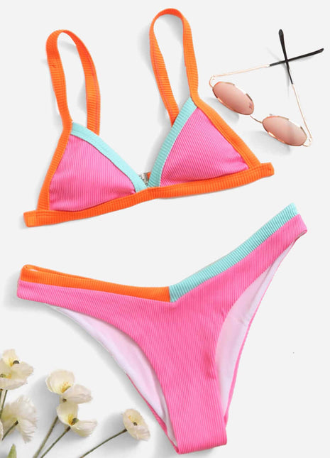Hot Pink Ribbed Colorblock Bikini Bottoms