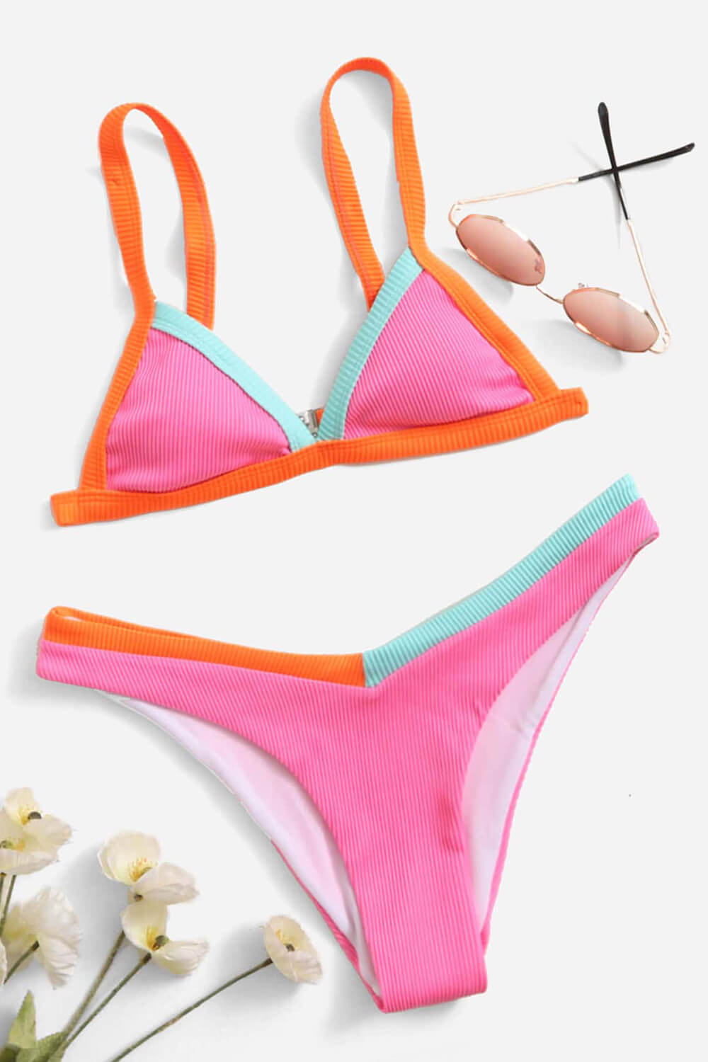Hot Pink Ribbed Colorblock Bikini Bottoms