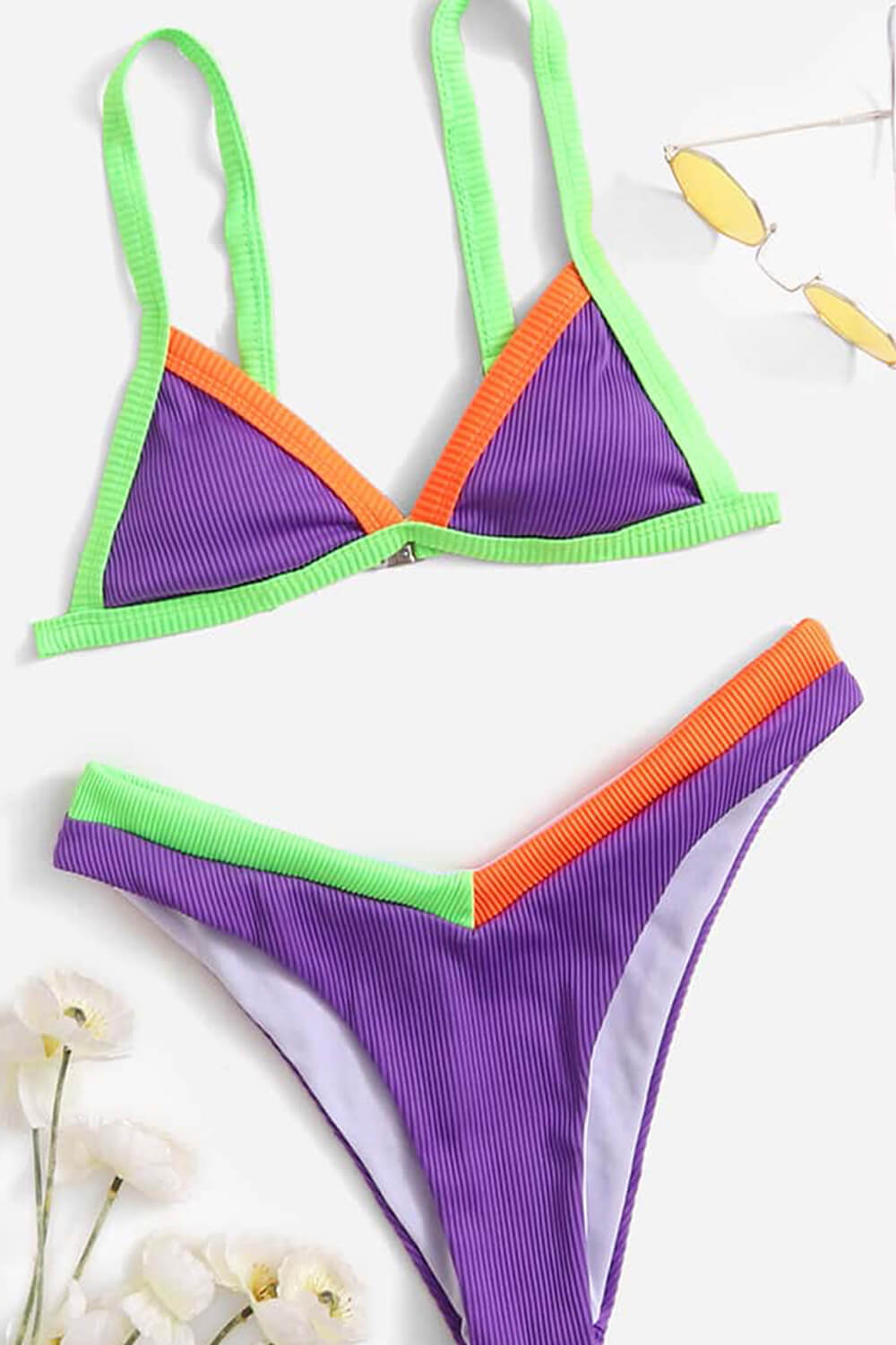 Purple Ribbed Colorblock Triangle Bikini Top