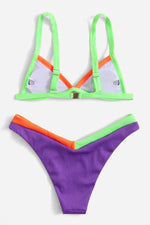 Purple Ribbed Colorblock Triangle Bikini Top