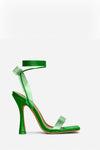 Green Faux Leather Lace Up Diamante Perspex Bow Detail Square Toe Heel