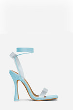 Light Blue Faux Leather Lace Up Diamante Perspex Bow Detail Square Toe Heel